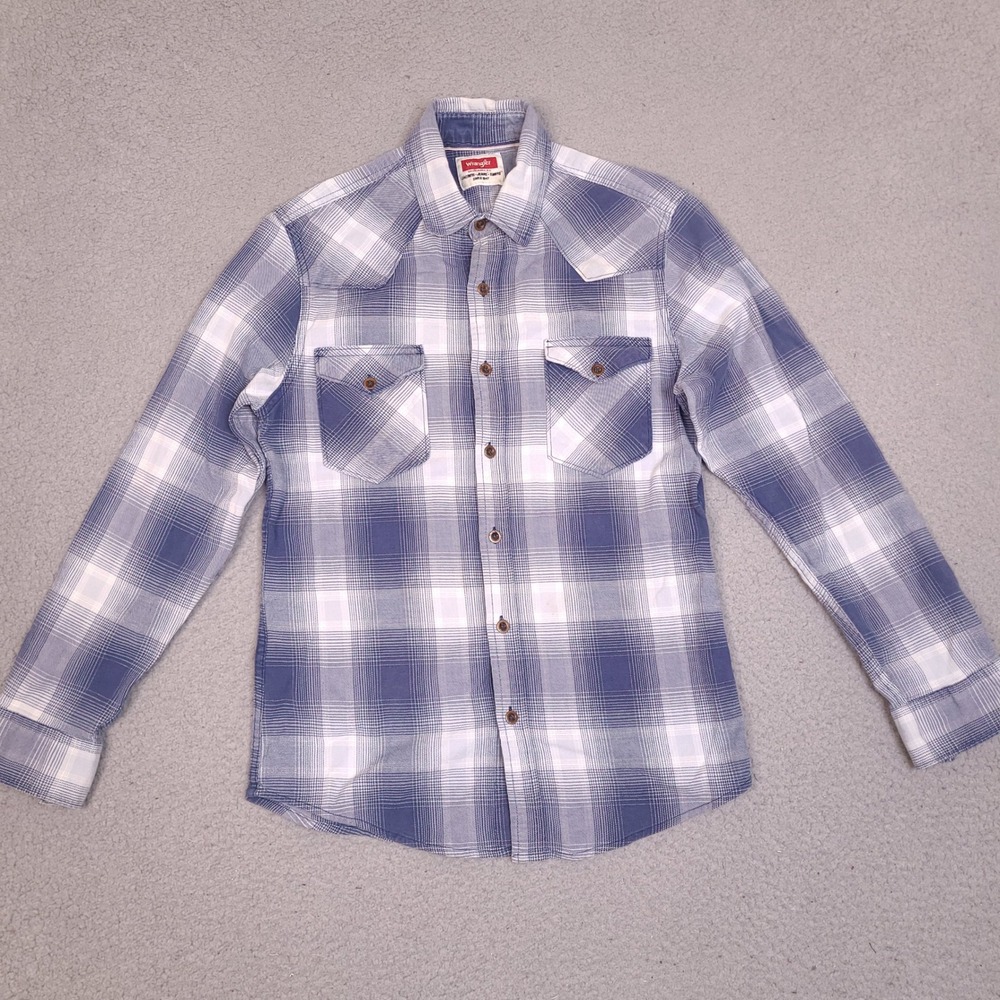 Wrangler Shirt Mens Small Blue White Plaid Western Flannel Long Sleeve Button Up